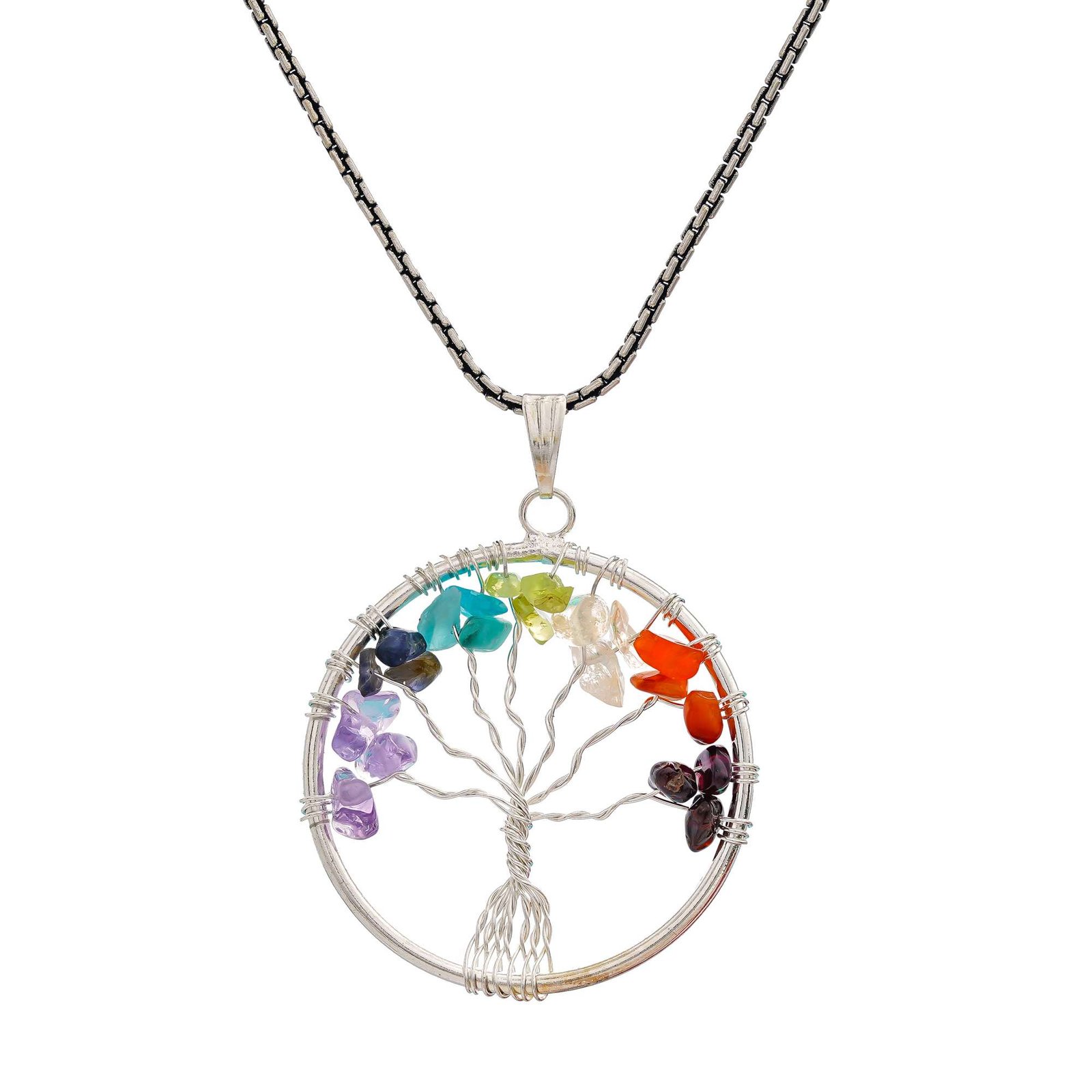 7 Chakra Pendant Tree of Life Crystal Stone Pendant Locket with Metal Chain for Healing Crystal Healing Gemstone Size 35-40 mm clear quarts7 chakra