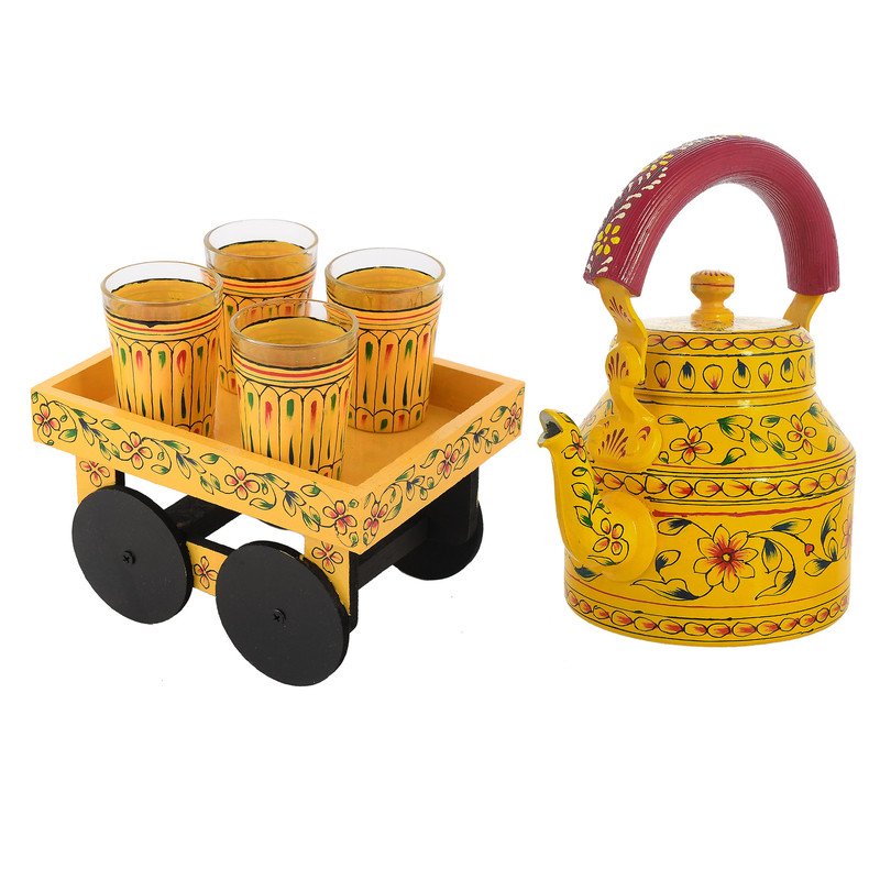 HandPainted Alluminium Tea Kettle with Four Glasses and Wooden Tray For Home Décor , Tea Party , Serving - Image 2