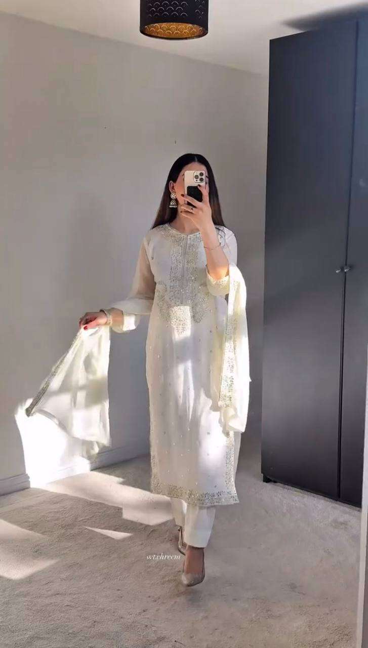 Women's Georgette Embroidery Sequence Work with Rivet Moti Work Straight Kurti With Pant and Dupatta Set - Image 5