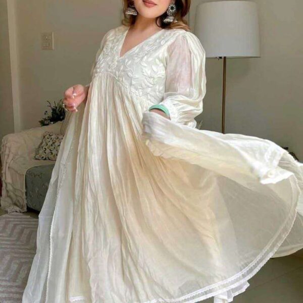 Women's Chanderi Silk Embroidered Anarkali Kurti With Pant and Dupatta