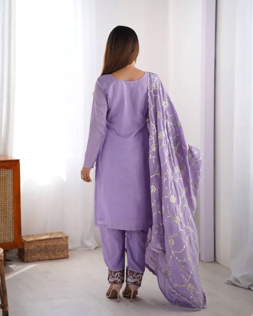 Women's Chinon Silk Sequence And Thread Work Straight Kurti With Pant and Dupatta Set - Image 7