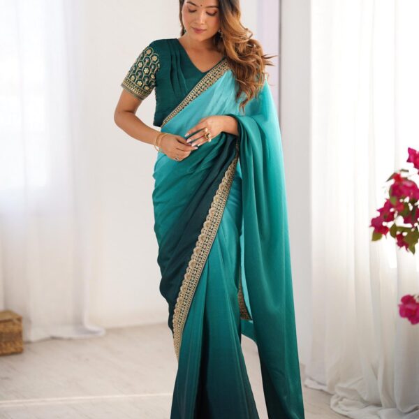 Women's Elegant Ombre Green Georgette Saree with Intricate Golden Zari & Stone Embellishments – Complete with Heavily Worked Blouse for Festive & Wedding Wear