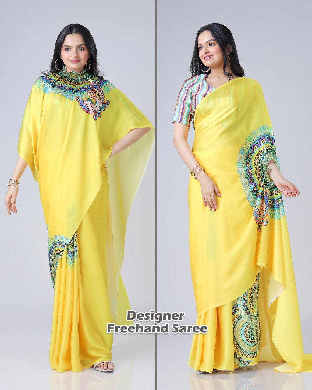 Women's Vibrant Lemon Yellow Satin Silk Kaftan Saree with Multi-Color Digital Print Yoke & Border Design