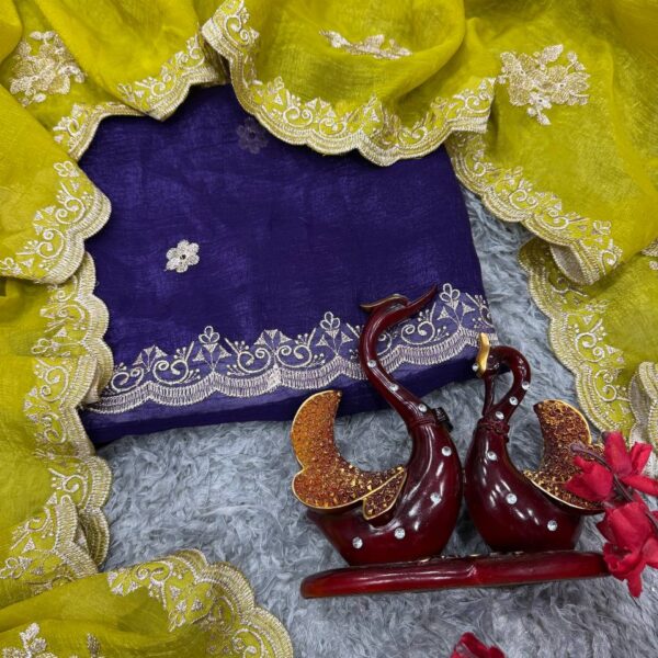 Women's Radiant Lime Yellow Organza Saree with Intricate Gold Zari Embroidery & Scalloped Border – Complete with Blouse Piece for Festive & Party Wear